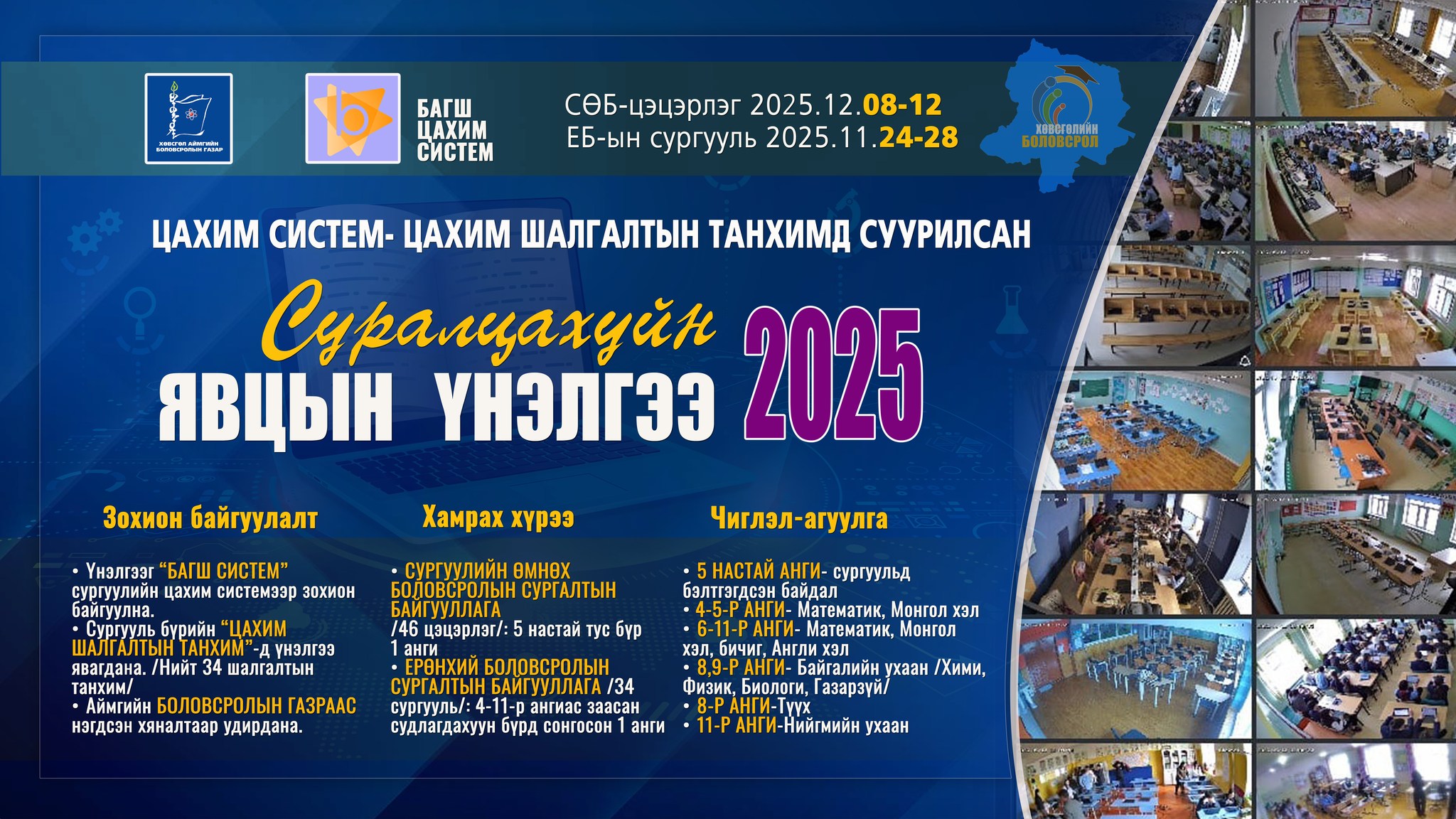 Хөвсгөл аймгийн Боловсролын газраас зохион байгуулж буй БАГШ ЦАХИМ СИСТЕМ-ЦАХИМ ШАЛГАЛТЫН ТАНХИМД СУУРИЛСАН “СУРАЛЦАХУЙН ЯВЦЫН ҮНЭЛГЭЭ-2025” МАРГААШ ЭХЭЛНЭ. ЕБ-ын 34 сургуулийн сонгосон анги нэг цаг хугацаанд үнэлэгдэх ба нэг ээлжиндээ 1020-1190 хүүхэд хамрагдана. Шалгалт хугацаа дуусахад даалгаврын гүйцэтгэлийн үр дүн /Хувь/ хүүхдэд мэдээлэгдэнэ. Тус үнэлгээгээр: